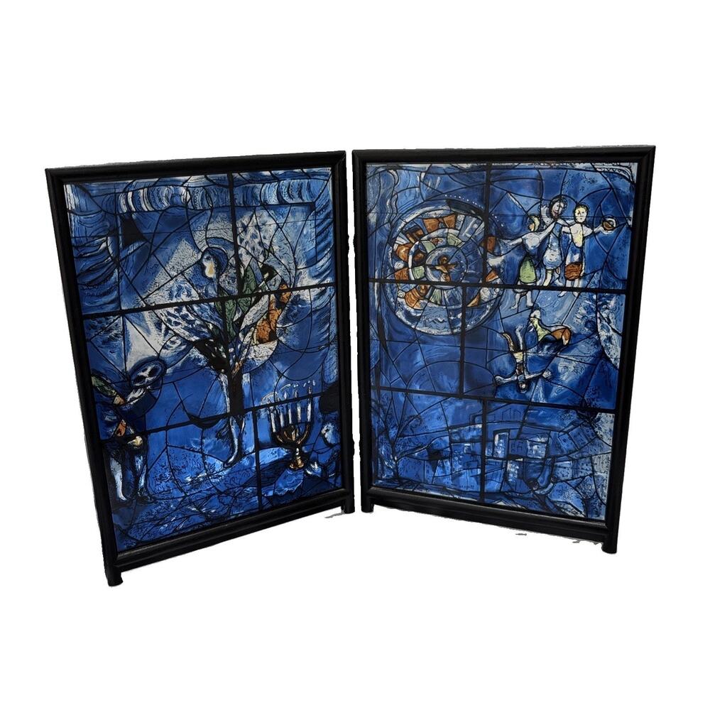 Vintage Marc Chagall "America Windows" Stained Glass Diptych Desk Screen Chicago
